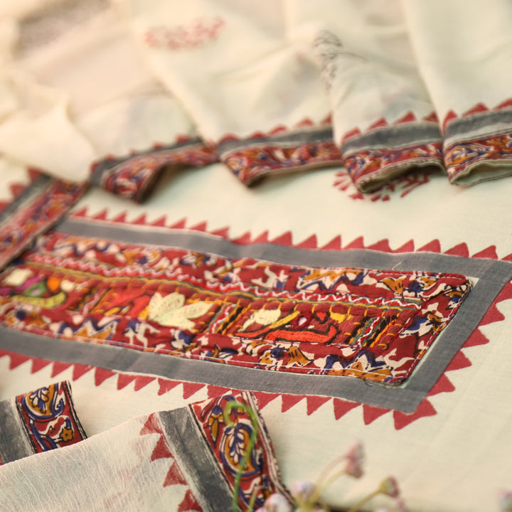 Mayaroop Frapee Beige Embriodered Patch on Neck in Block Print Cotton Suit Set