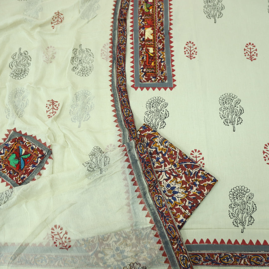 Mayaroop Frapee Beige Embriodered Patch on Neck in Block Print Cotton Suit Set