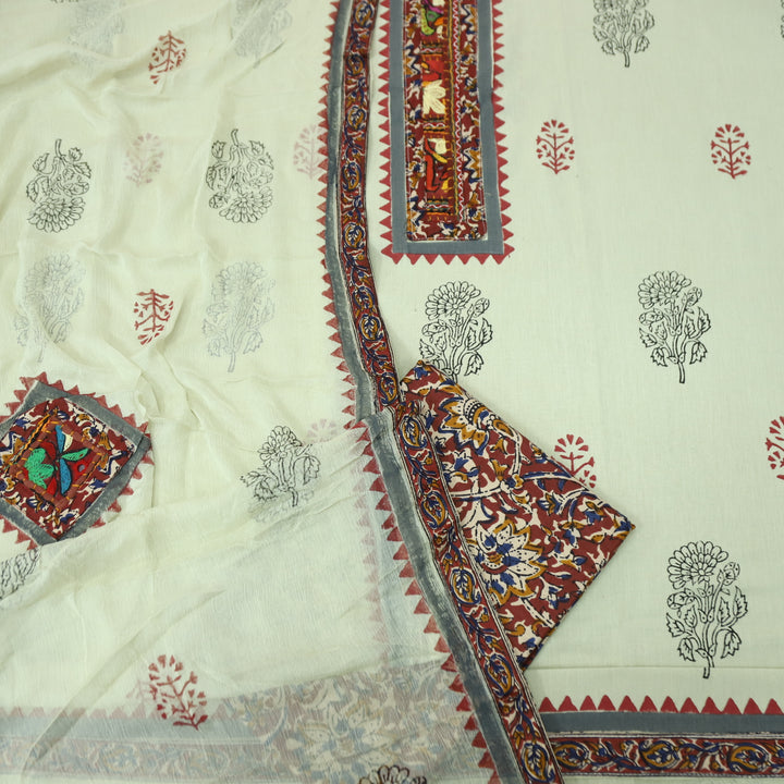 Mayaroop Frapee Beige Embriodered Patch on Neck in Block Print Cotton Suit Set