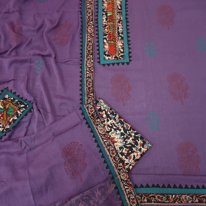 Mayaroop Maupe Purple Embriodered Patch on Neck in Block Print Cotton Suit Set