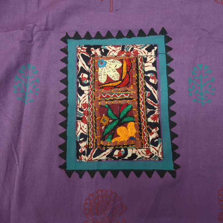 Mayaroop Maupe Purple Embriodered Patch on Neck in Block Print Cotton Suit Set