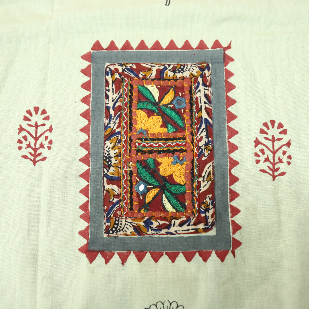 Mayaroop Frapee Beige Embriodered Patch on Neck in Block Print Cotton Suit Set