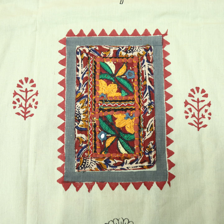 Mayaroop Frapee Beige Embriodered Patch on Neck in Block Print Cotton Suit Set