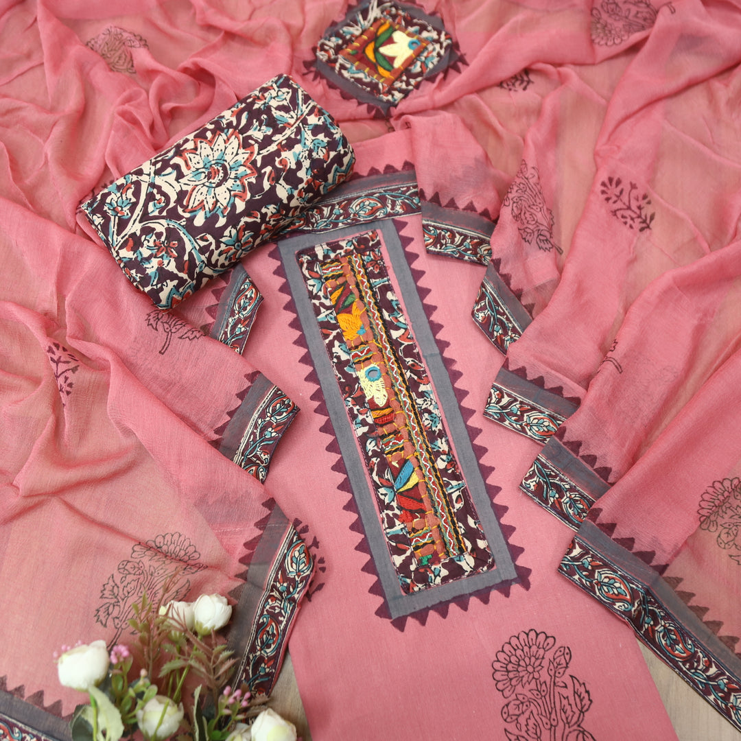 Mayaroop Flamingo PInk Embriodered Patch on Neck in Block Print Cotton Suit Set