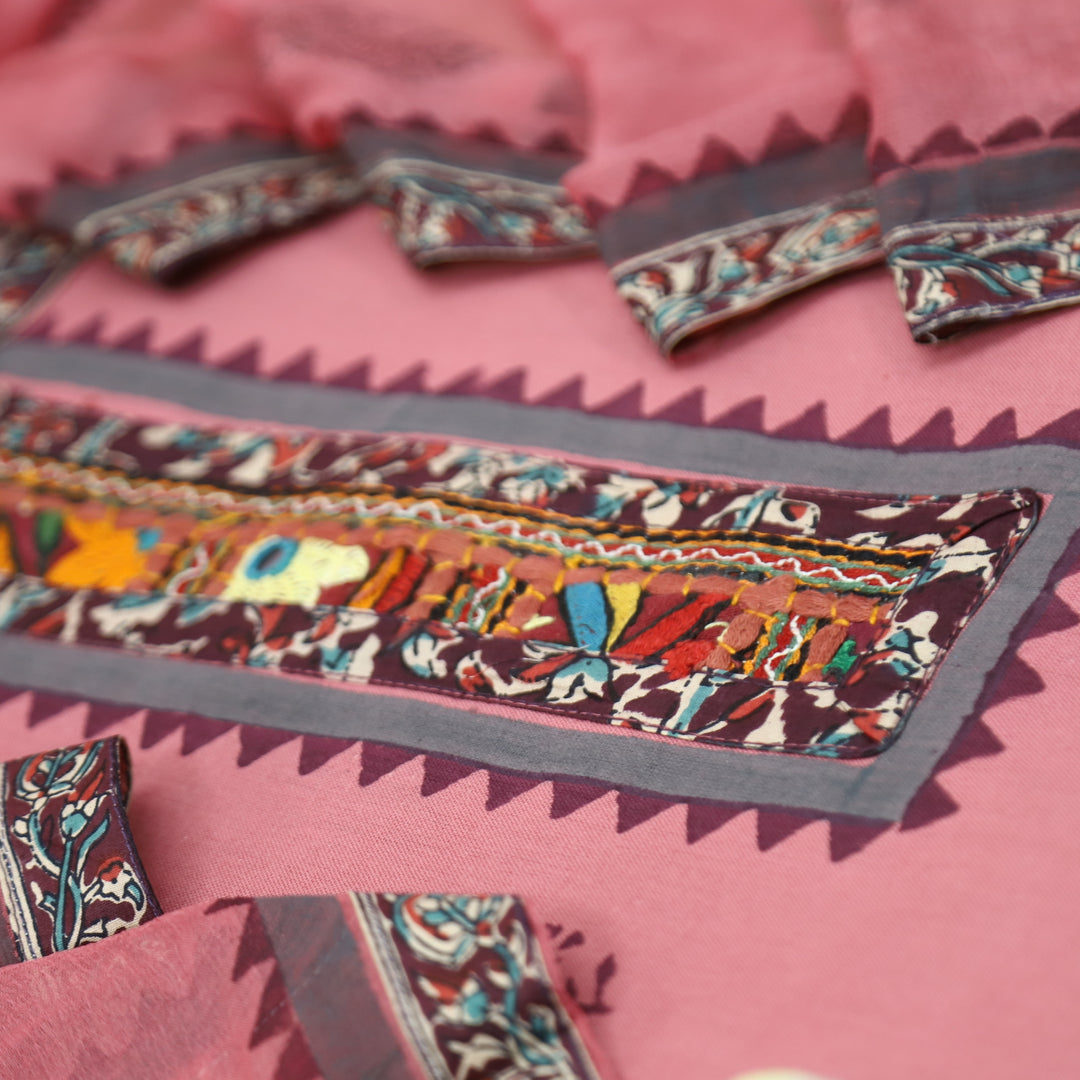 Mayaroop Flamingo PInk Embriodered Patch on Neck in Block Print Cotton Suit Set