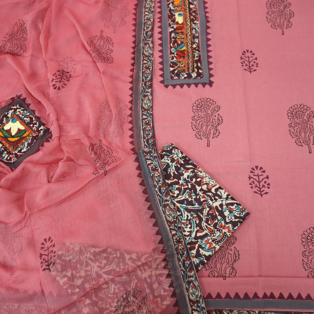Mayaroop Flamingo PInk Embriodered Patch on Neck in Block Print Cotton Suit Set
