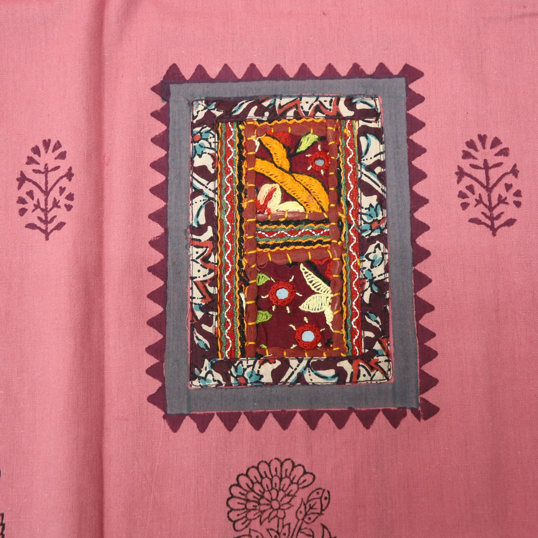 Mayaroop Flamingo PInk Embriodered Patch on Neck in Block Print Cotton Suit Set