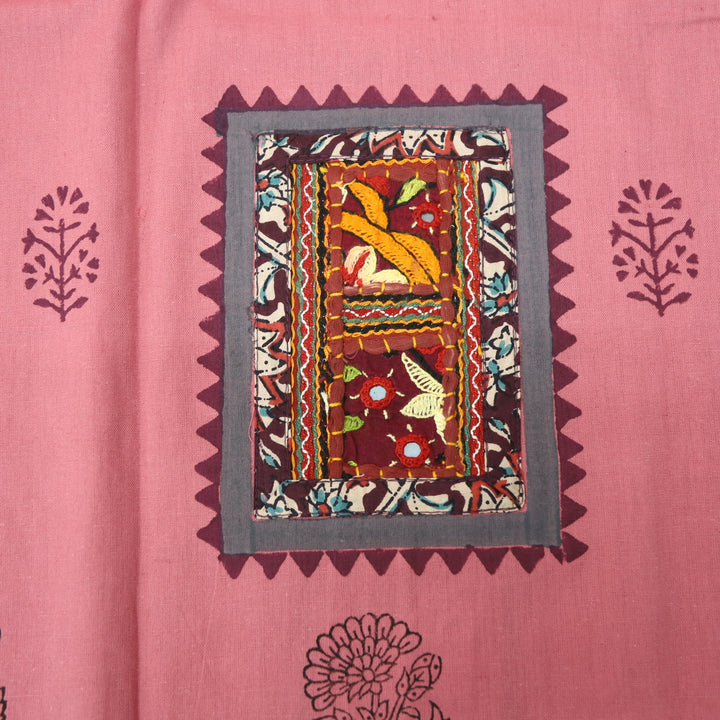 Mayaroop Flamingo PInk Embriodered Patch on Neck in Block Print Cotton Suit Set