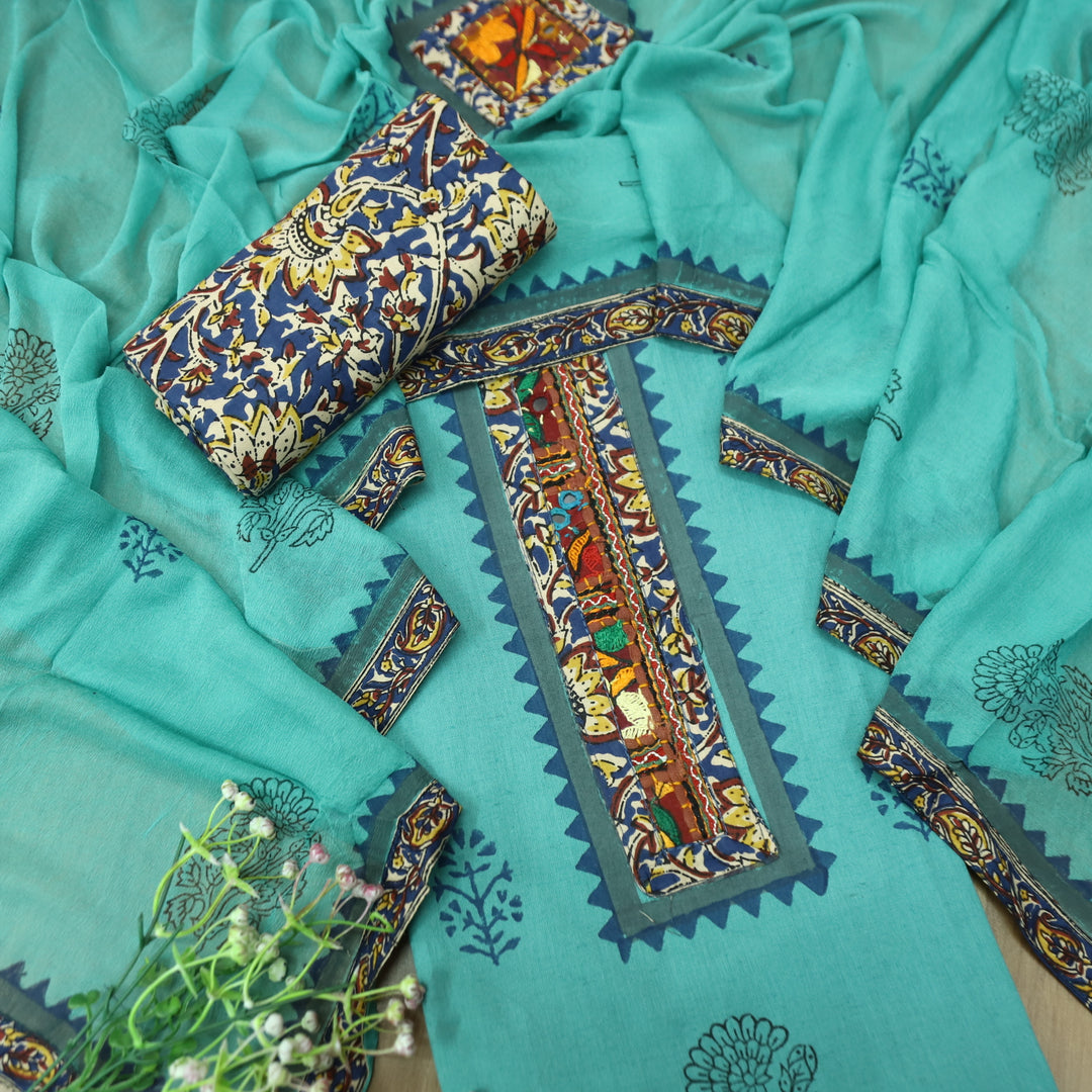 Mayaroop Sapphire Blue Embriodered Patch on Neck in Block Print Cotton Suit Set