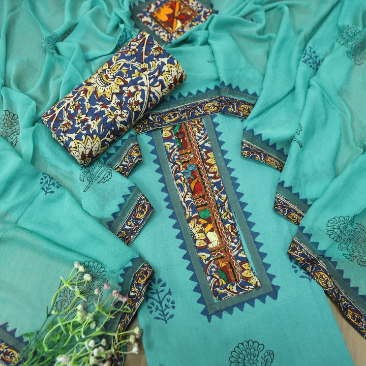 Mayaroop Sapphire Blue Embriodered Patch on Neck in Block Print Cotton Suit Set