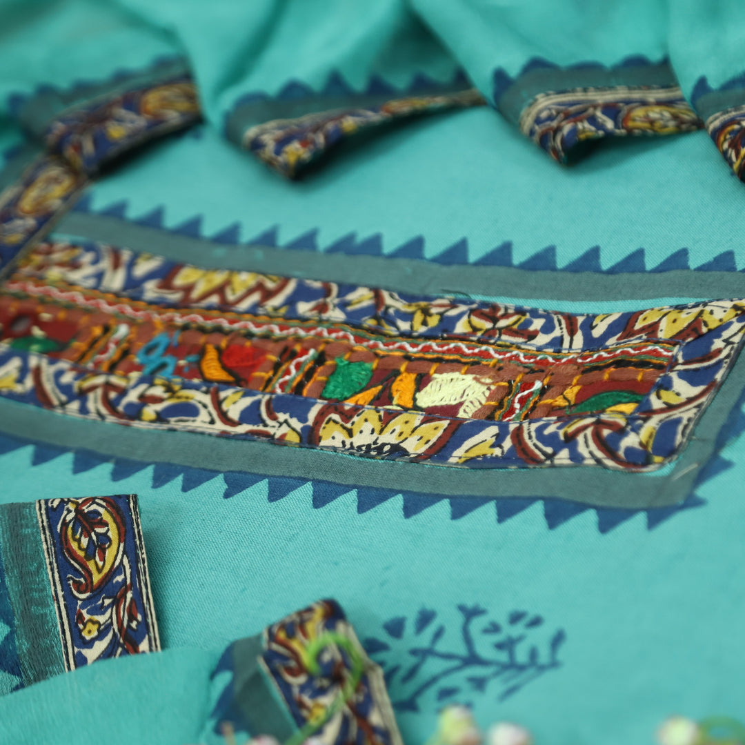 Mayaroop Sapphire Blue Embriodered Patch on Neck in Block Print Cotton Suit Set
