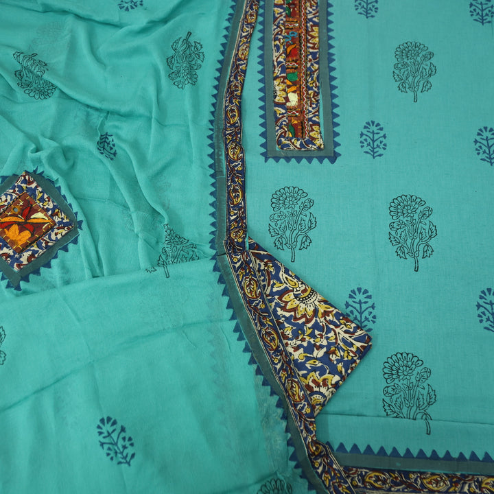 Mayaroop Sapphire Blue Embriodered Patch on Neck in Block Print Cotton Suit Set
