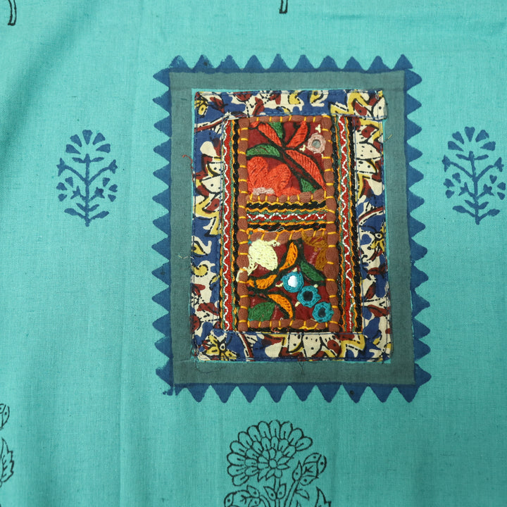 Mayaroop Sapphire Blue Embriodered Patch on Neck in Block Print Cotton Suit Set