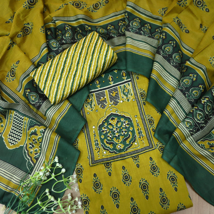 Roopsakhi Lemon Yellow Ajrak Print Yoke with French Knot Printed Cotton Suit Set