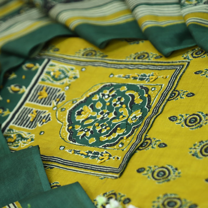 Roopsakhi Lemon Yellow Ajrak Print Yoke with French Knot Printed Cotton Suit Set