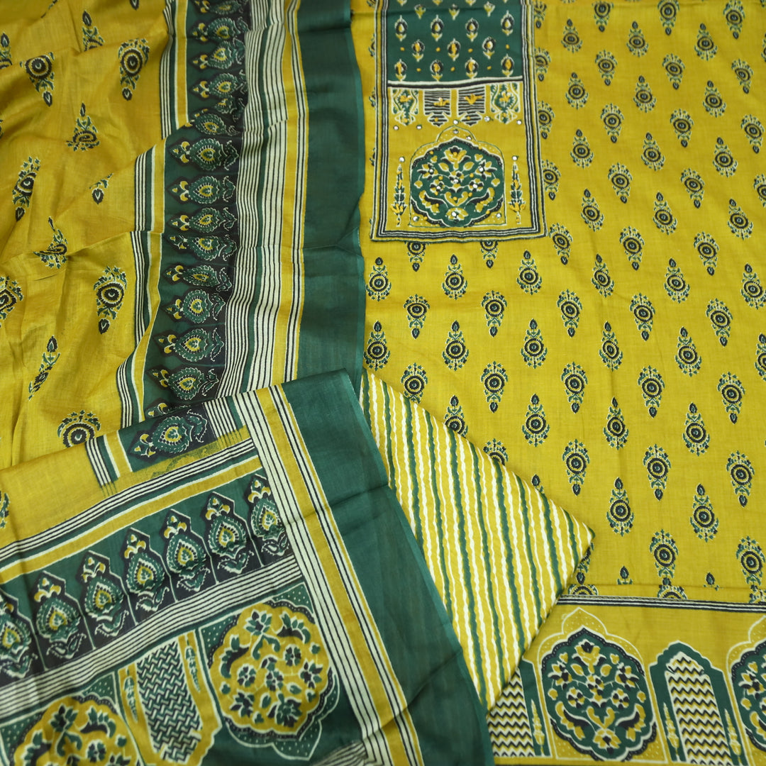 Roopsakhi Lemon Yellow Ajrak Print Yoke with French Knot Printed Cotton Suit Set