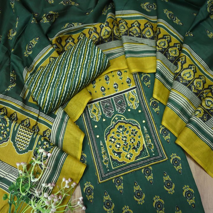 Roopsakhi Forest Green Ajrak Print Yoke with French Knot Printed Cotton Suit Set