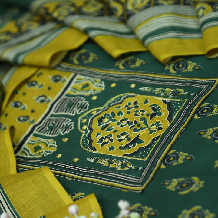 Roopsakhi Forest Green Ajrak Print Yoke with French Knot Printed Cotton Suit Set