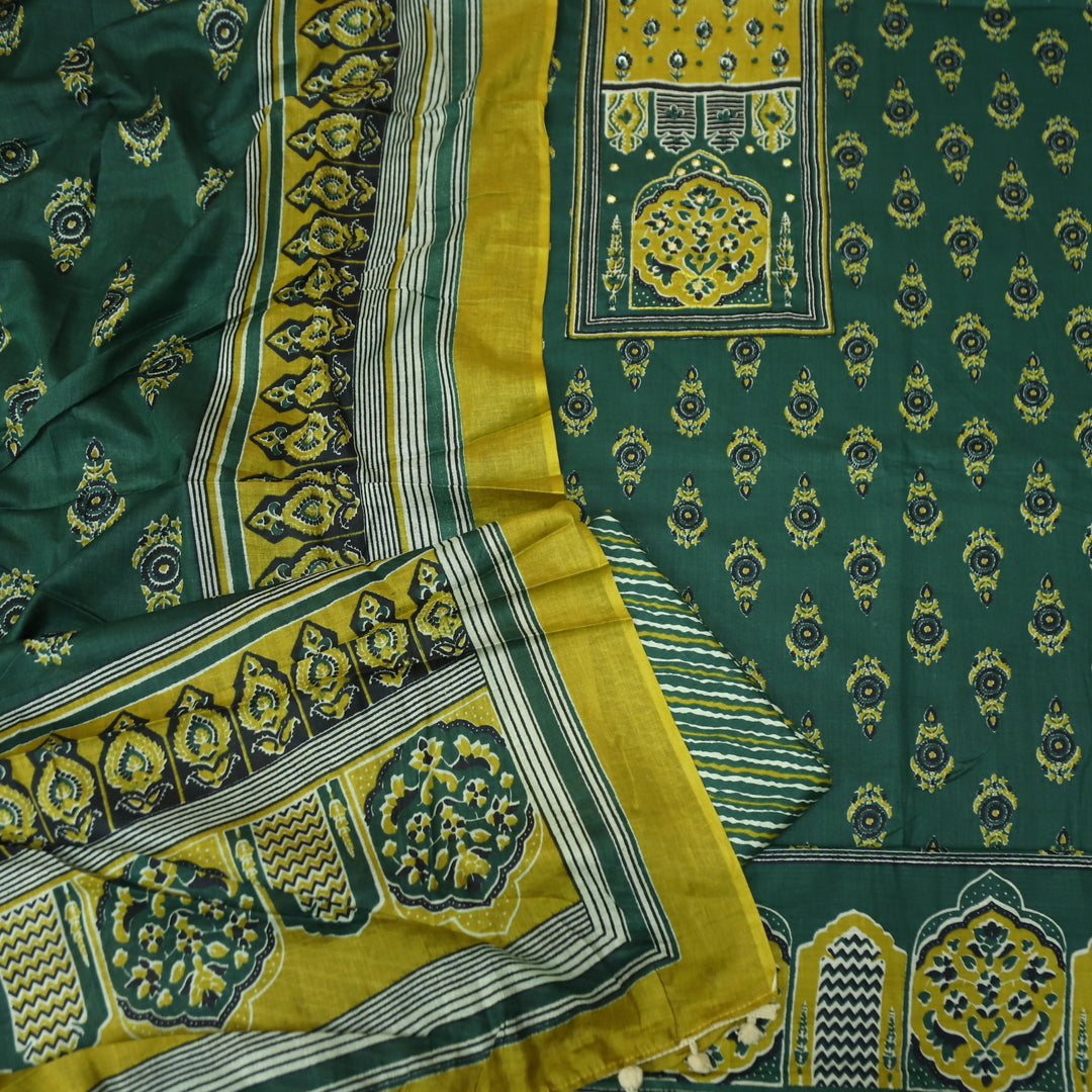 Roopsakhi Forest Green Ajrak Print Yoke with French Knot Printed Cotton Suit Set