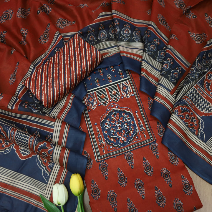 Roopsakhi Apple Red Ajrak Print Yoke with French Knot Printed Cotton Suit Set