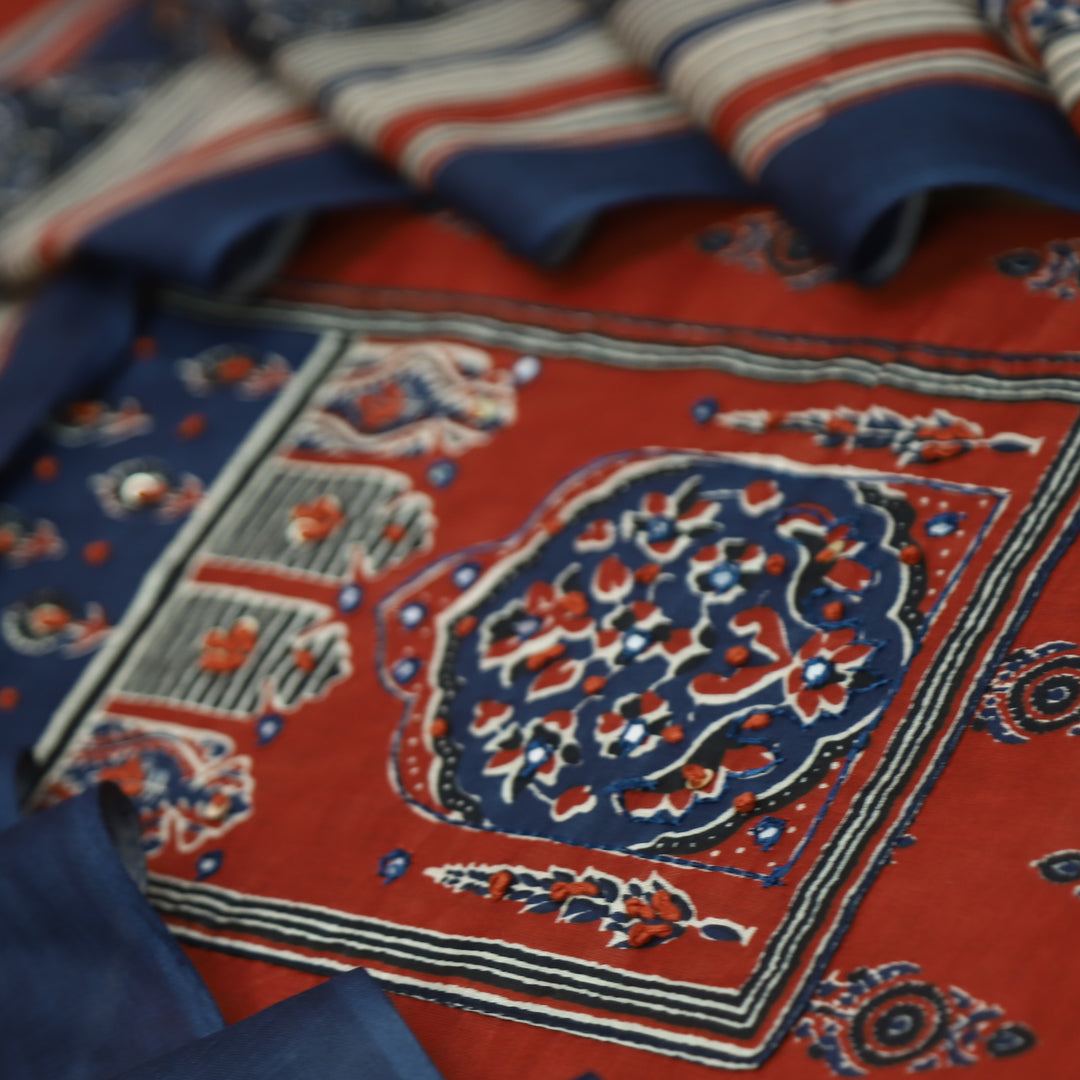 Roopsakhi Apple Red Ajrak Print Yoke with French Knot Printed Cotton Suit Set