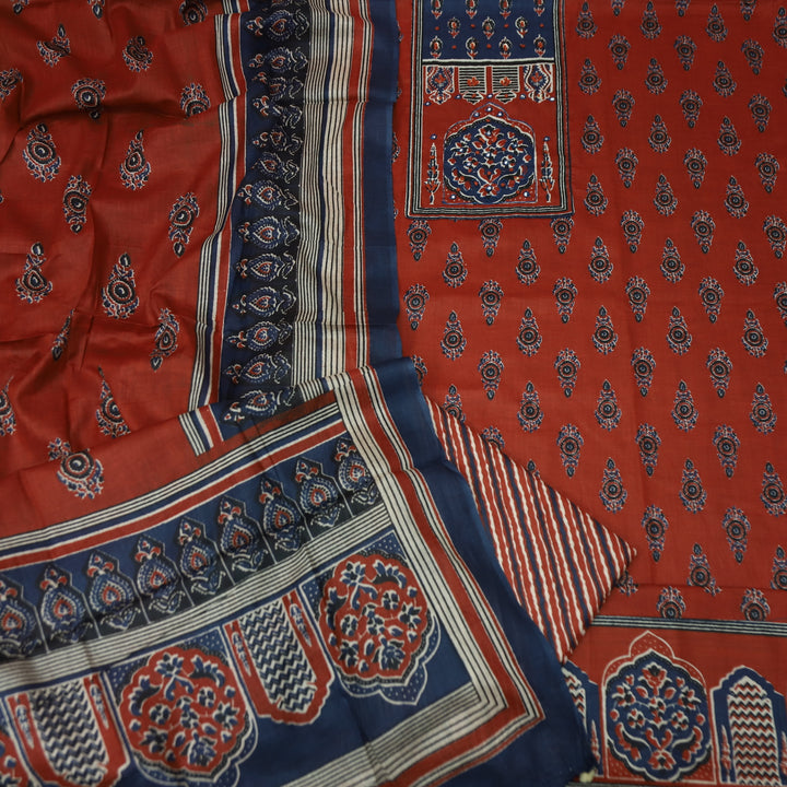 Roopsakhi Apple Red Ajrak Print Yoke with French Knot Printed Cotton Suit Set