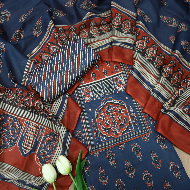 Roopsakhi Denim Blue Ajrak Print Yoke with French Knot Printed Cotton Suit Set