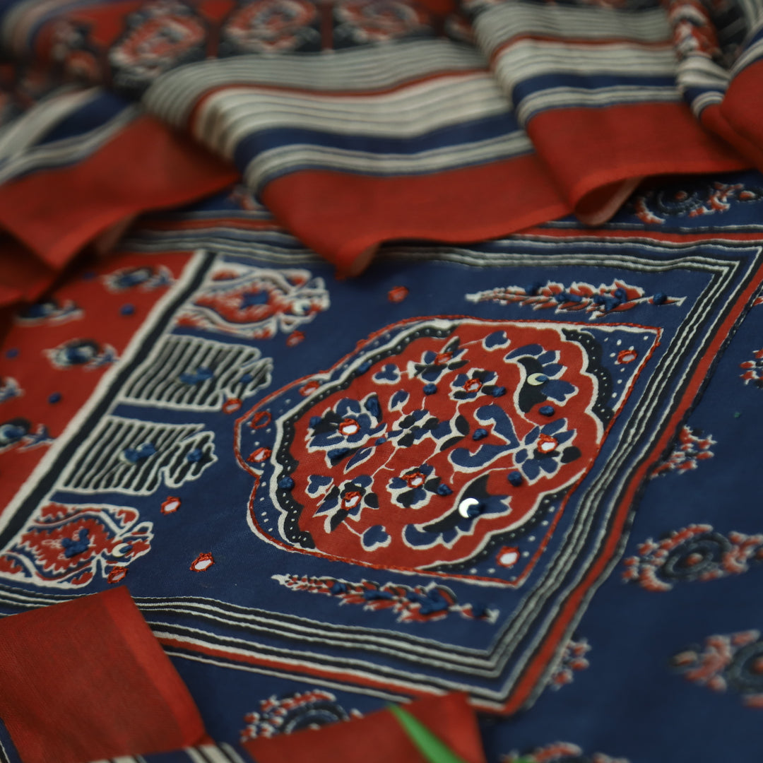 Roopsakhi Denim Blue Ajrak Print Yoke with French Knot Printed Cotton Suit Set