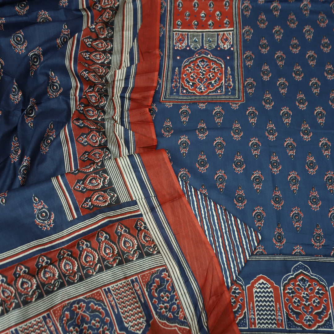 Roopsakhi Denim Blue Ajrak Print Yoke with French Knot Printed Cotton Suit Set