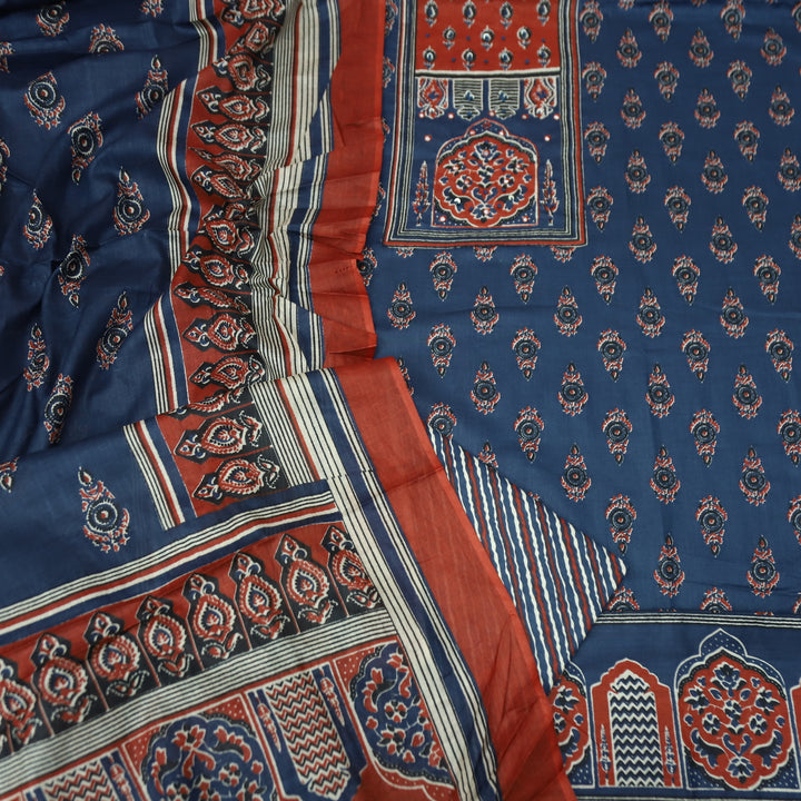 Roopsakhi Denim Blue Ajrak Print Yoke with French Knot Printed Cotton Suit Set