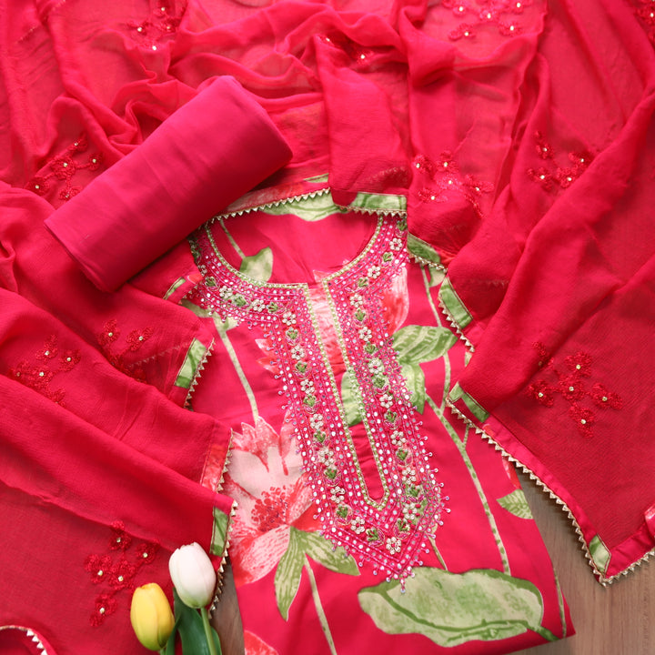 Phoolvari Rani Pink Embsslihed Neckline with Thread Work Floral Print Cotton Set