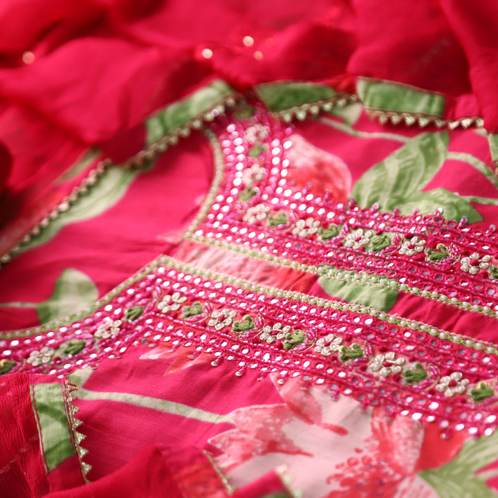 Phoolvari Rani Pink Embsslihed Neckline with Thread Work Floral Print Cotton Set