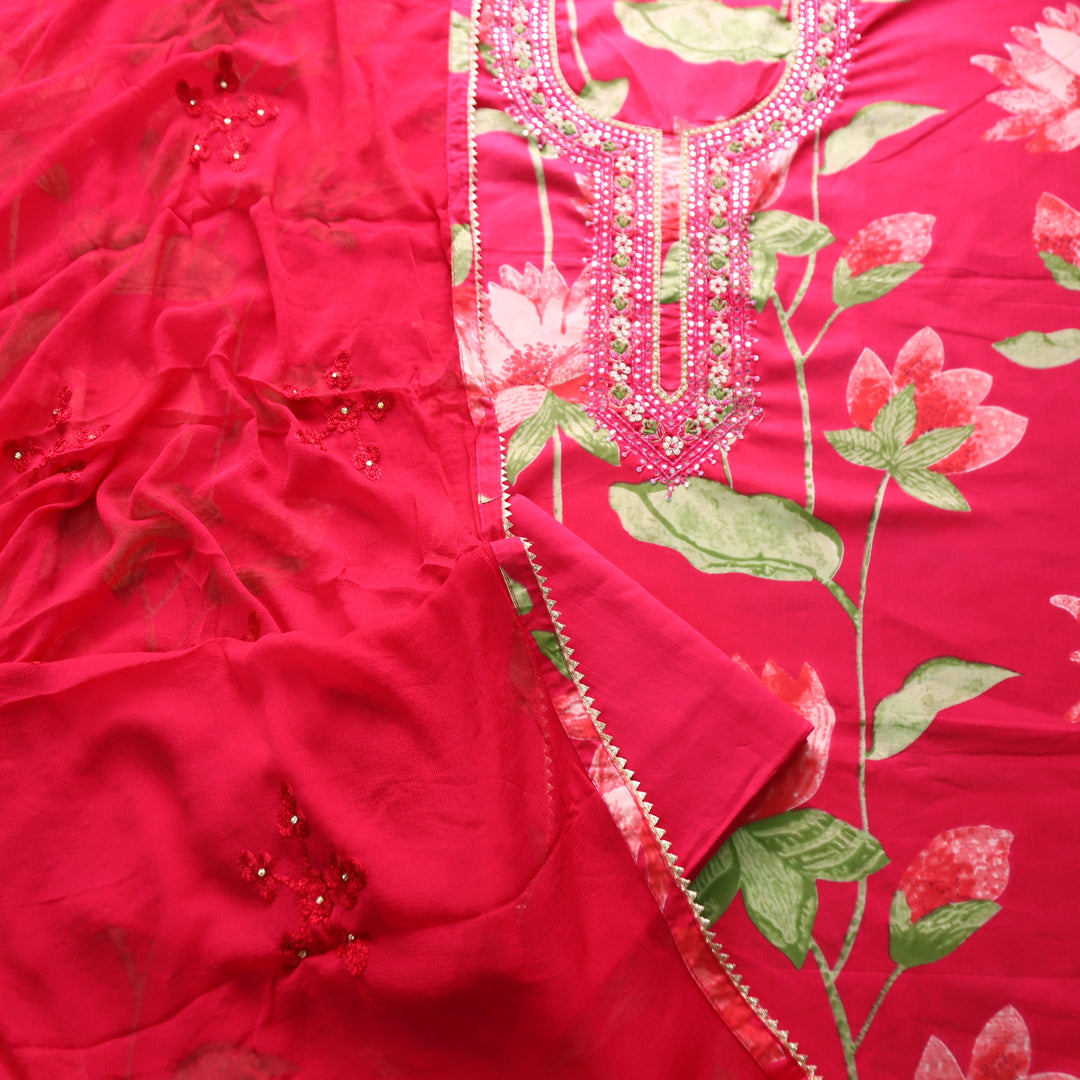 Phoolvari Rani Pink Embsslihed Neckline with Thread Work Floral Print Cotton Set