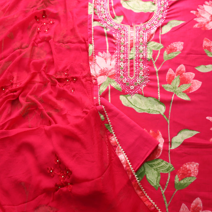 Phoolvari Rani Pink Embsslihed Neckline with Thread Work Floral Print Cotton Set