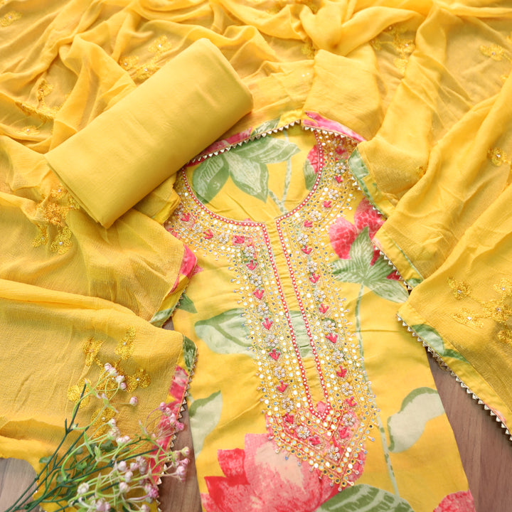 Phoolvari Sunflower Yellow Embsslihed Neckline with Thread Work Floral Print Cotton Set