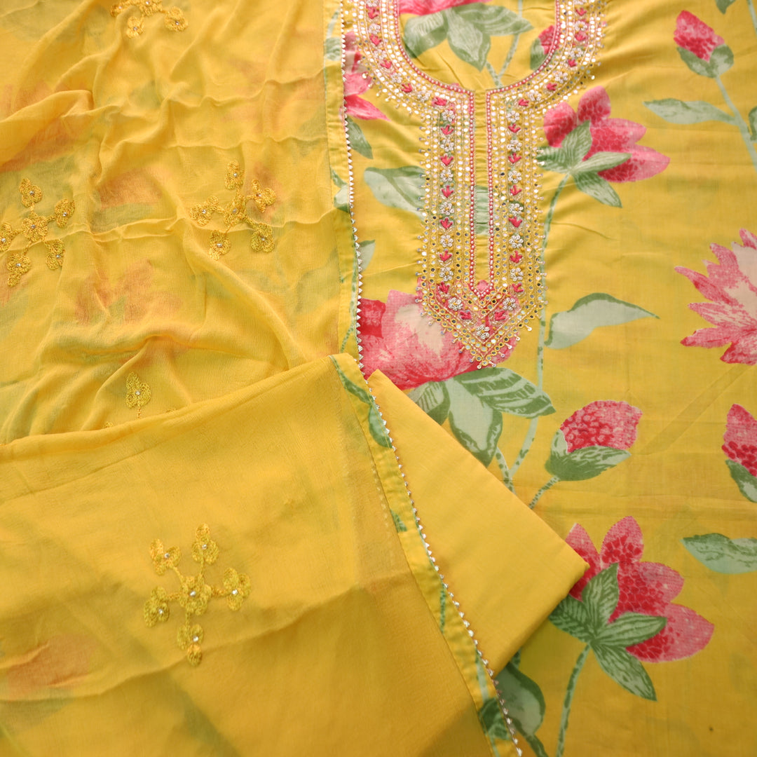Phoolvari Sunflower Yellow Embsslihed Neckline with Thread Work Floral Print Cotton Set