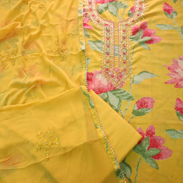 Phoolvari Sunflower Yellow Embsslihed Neckline with Thread Work Floral Print Cotton Set