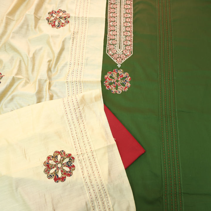 Mayaroop Garden Green Embellish Patch with Applique Work Jam Cotton Suit Set