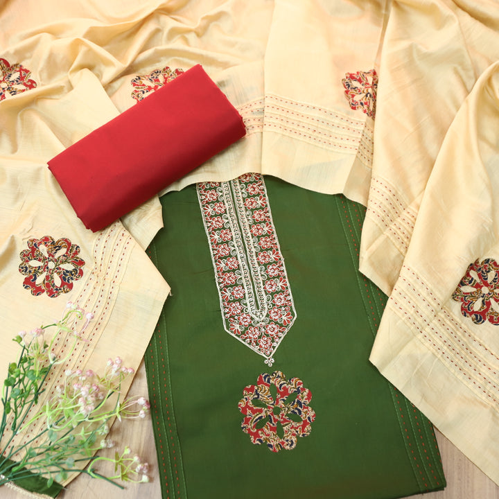 Mayaroop Garden Green Embellish Patch with Applique Work Jam Cotton Suit Set