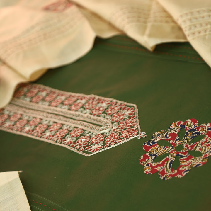 Mayaroop Garden Green Embellish Patch with Applique Work Jam Cotton Suit Set
