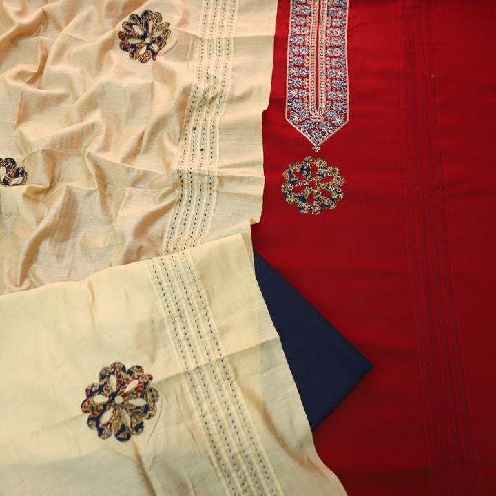 Mayaroop Cherry Red Embellish Patch with Applique Work Jam Cotton Suit Set