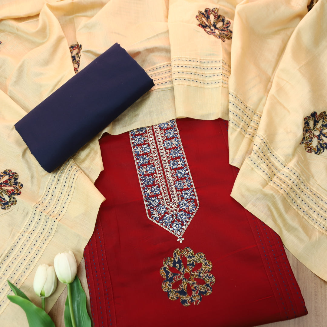 Mayaroop Cherry Red Embellish Patch with Applique Work Jam Cotton Suit Set