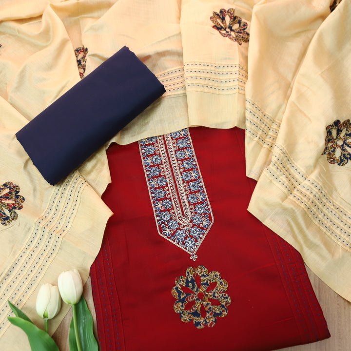 Mayaroop Cherry Red Embellish Patch with Applique Work Jam Cotton Suit Set