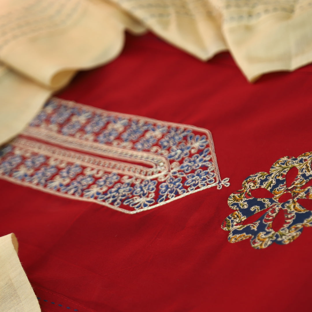 Mayaroop Cherry Red Embellish Patch with Applique Work Jam Cotton Suit Set