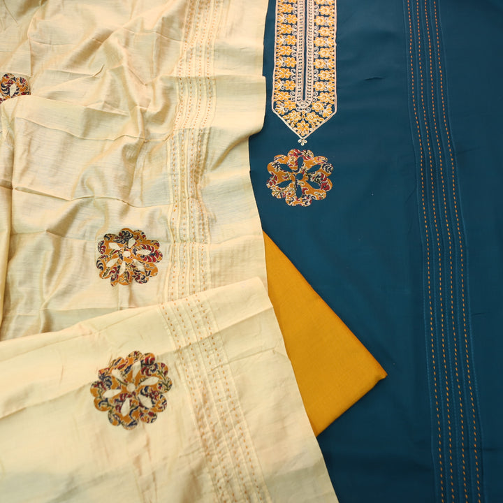 Mayaroop Navy Blue Embellish Patch with Applique Work Jam Cotton Suit Set