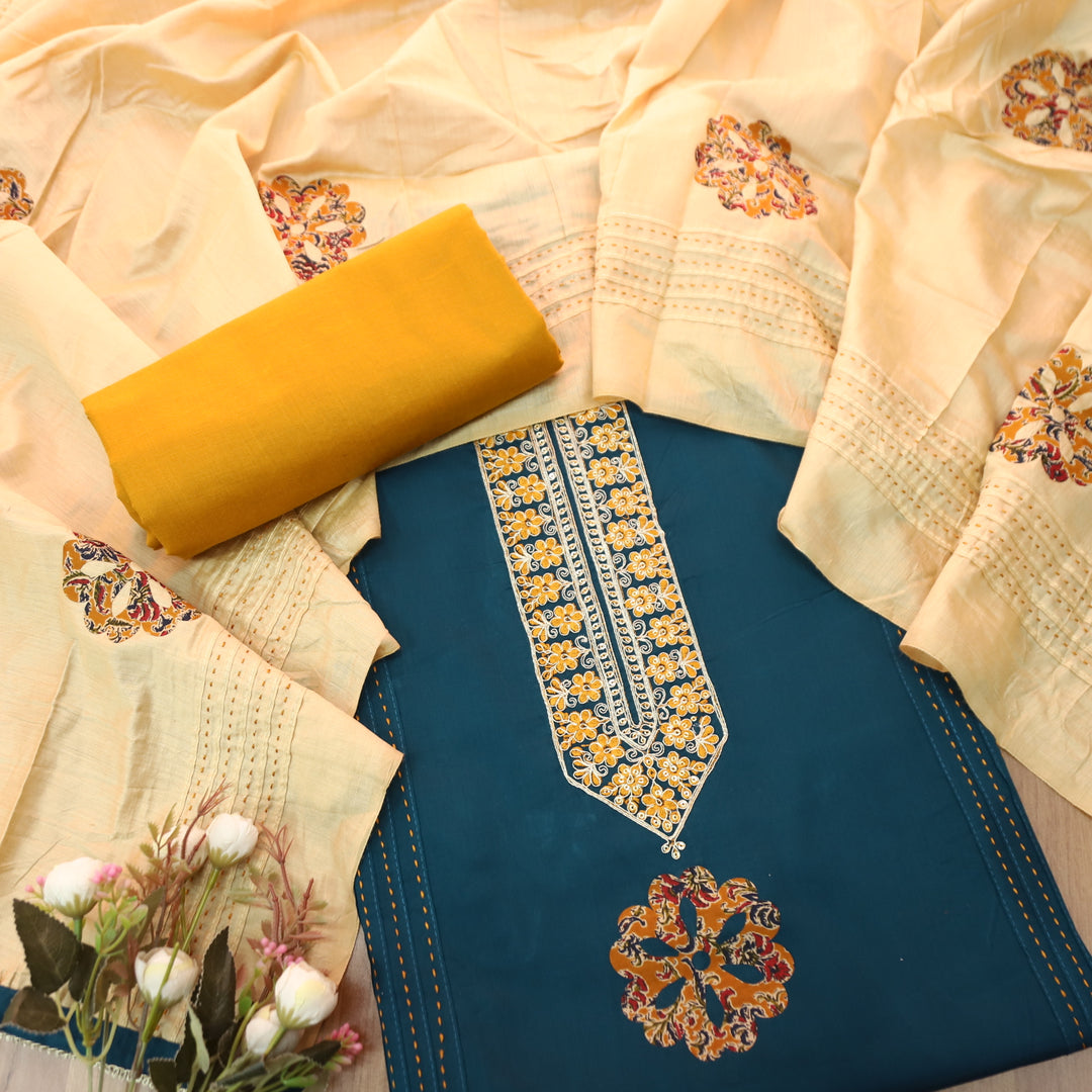 Mayaroop Navy Blue Embellish Patch with Applique Work Jam Cotton Suit Set