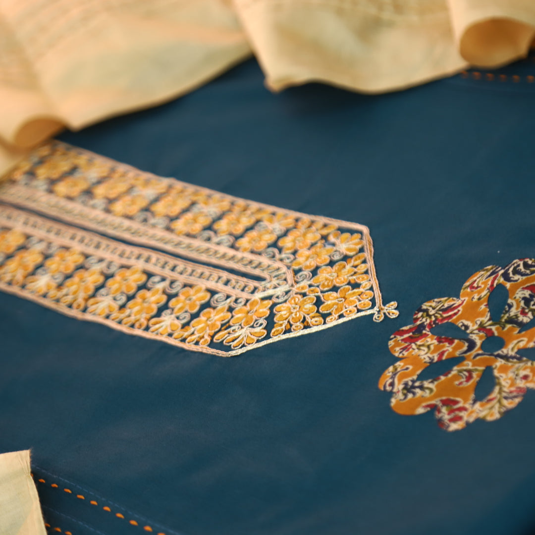 Mayaroop Navy Blue Embellish Patch with Applique Work Jam Cotton Suit Set