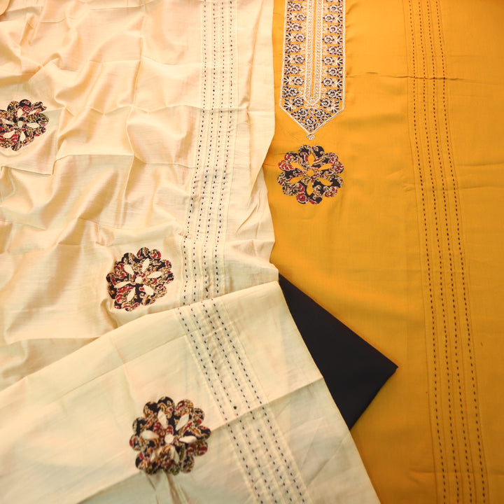 Mayaroop Deep Yellow Embellish Patch with Applique Work Jam Cotton Suit Set
