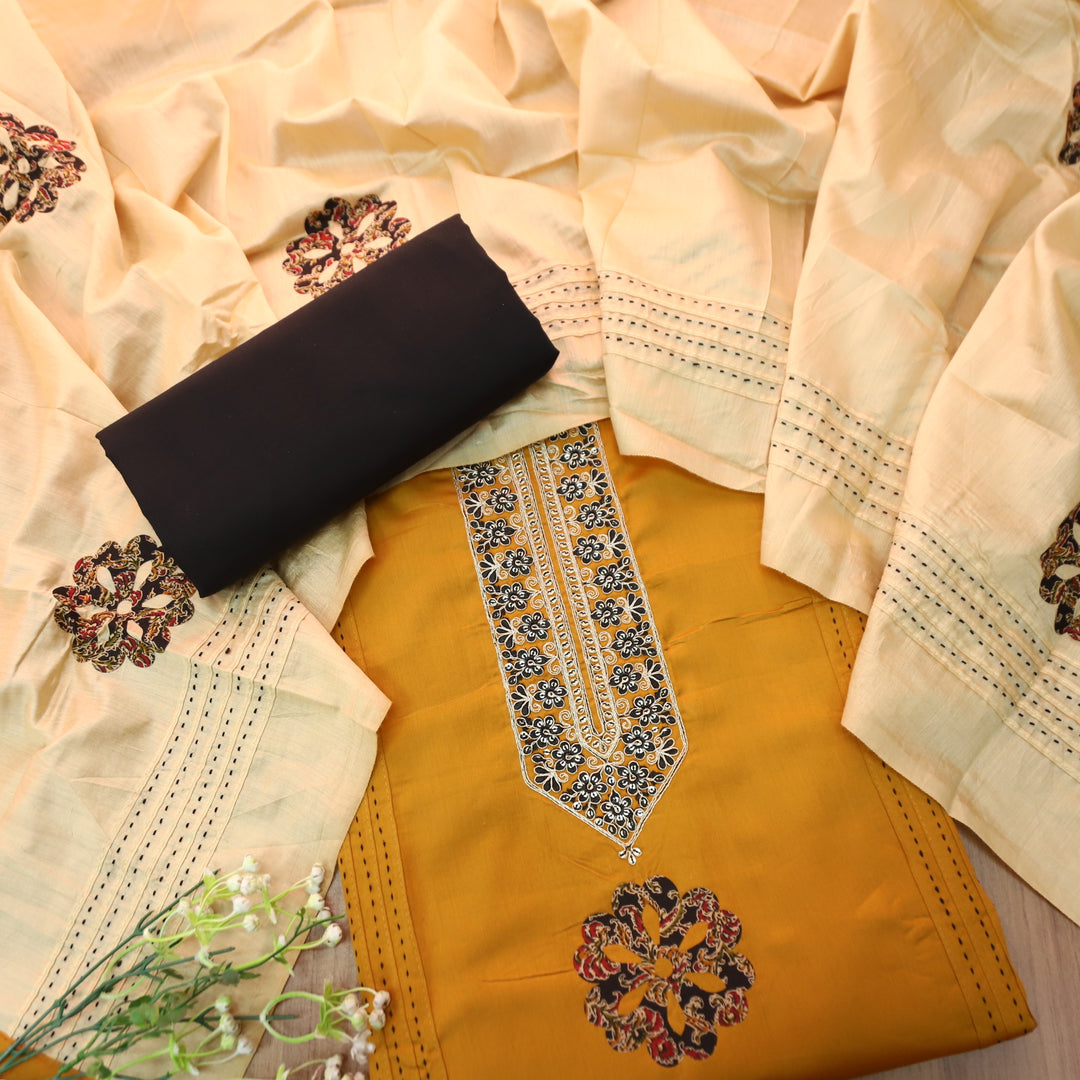 Mayaroop Deep Yellow Embellish Patch with Applique Work Jam Cotton Suit Set