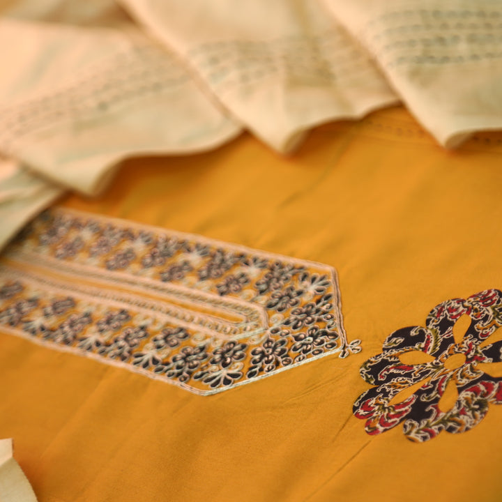 Mayaroop Deep Yellow Embellish Patch with Applique Work Jam Cotton Suit Set